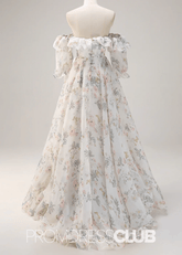 Judy | A Line White Floral Ruffle Slit Long Prom Dress - Price #price_variant_lowest# - White Floral - PromDressClub